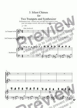 page one of 3. Silent Chimes  for  Two Trumpets and Synthesizer Performance note - Choose your own Bell Pad sound to create  your own unique version. Add reverb to Trps if possible