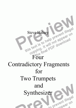 page one of Four Contradictory Fragments for Two Trumpets and Synthesizer Performance note - Choose your own Soft Pad sound to create  your own unique version. Add reverb to Trps if possible. The Synth. part  can be either played live or pre- recorded.