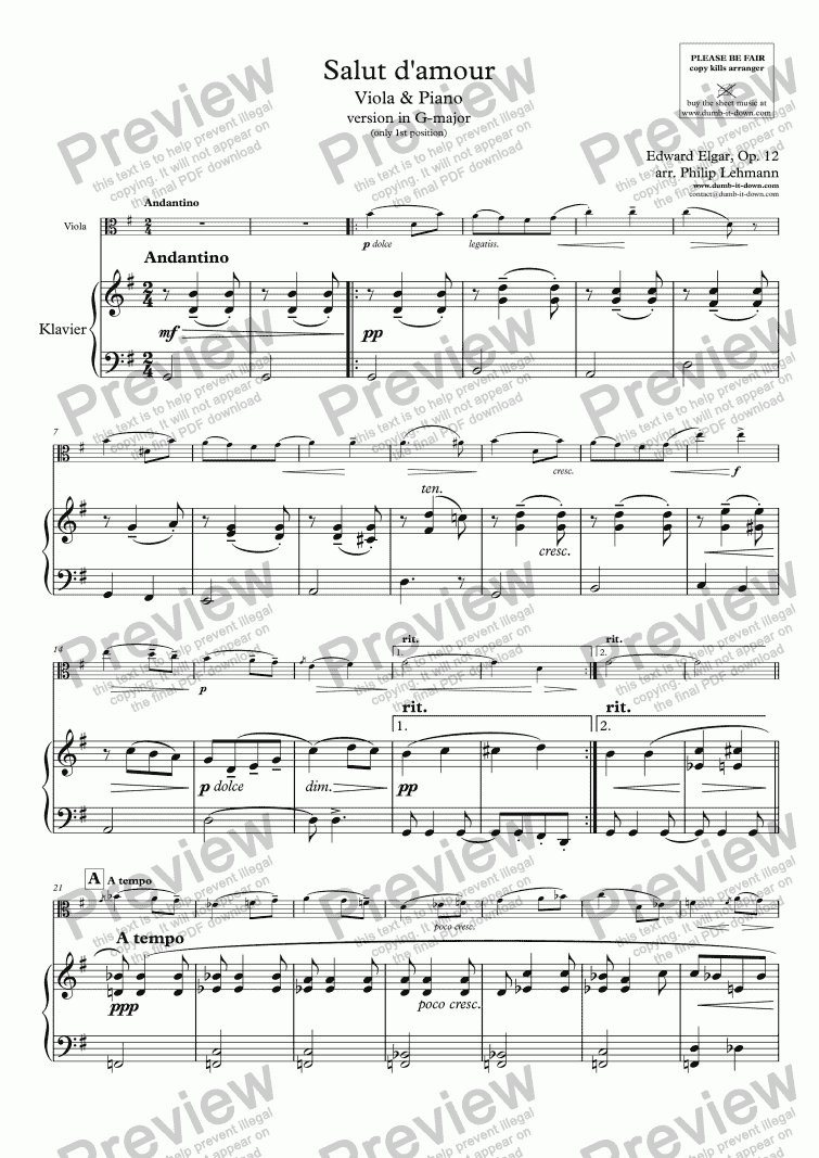 page one of Elgar, E. - Salut d’amour - version in G-major - for Viola (simplified - only 1st position) & Piano (simplified)