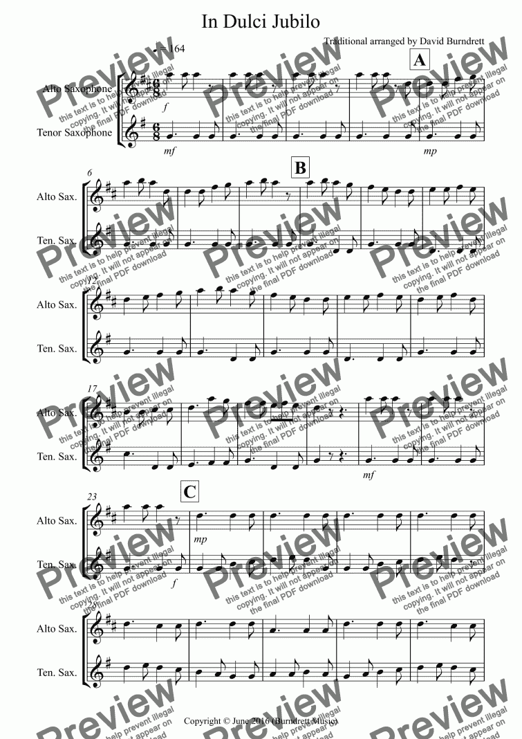page one of In Dulci Jubilo for Alto and Tenor Saxophone Duet