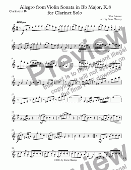 page one of Allegro from Violin Sonata in Bb Major, K.8 for Clarinet Solo
