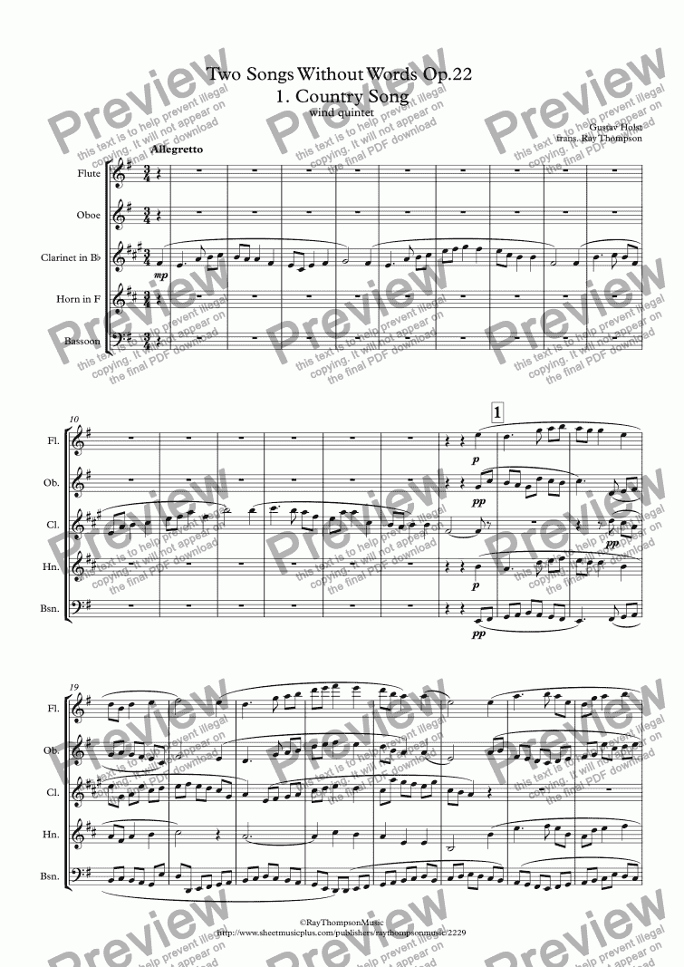 page one of Holst: Two Songs Without Words Op.22 Mvt. 1. Country Song - wind quintet