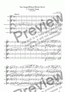 page one of Holst: Two Songs Without Words Op.22 Mvt. 1. Country Song - wind quintet