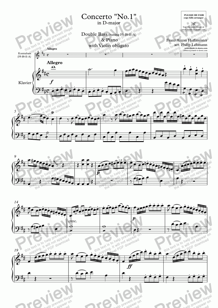 page one of Hoffmeister, F.A. - Concerto No. 1 in D-maj. - for Double Bass (tuning: F#-B-E-A), Violin obl. (orig.) & Piano (simplified)