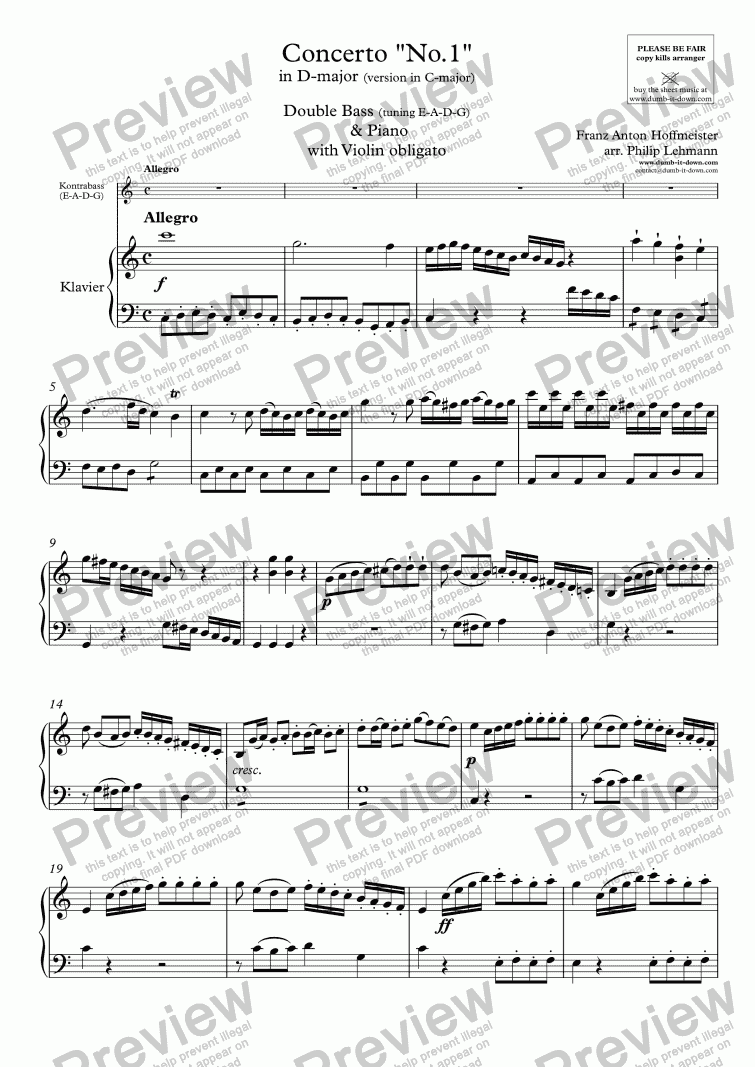 page one of Hoffmeister, F.A. - Concerto No. 1 in D-maj. (version in C-maj.)- for Double Bass (tuning: E-A-D-G), Violin obl. (orig.) & Piano (simplified)