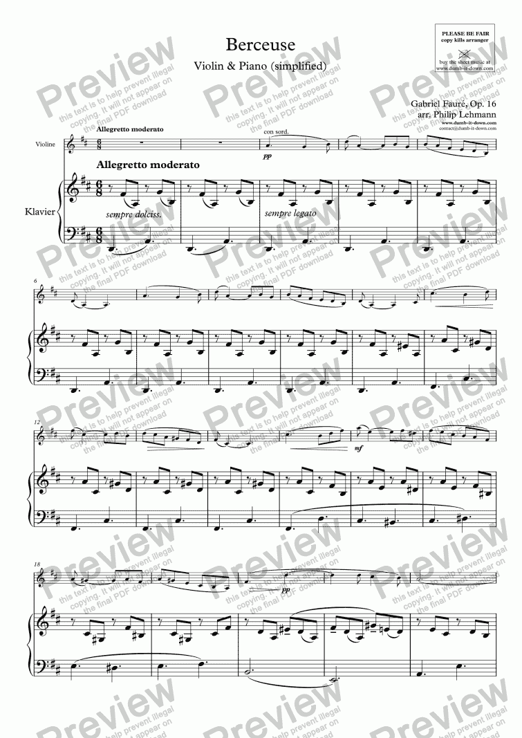 page one of Faurè, G. - Berceuse, Op. 16 - for Violin (orig.) & Piano (simplified)