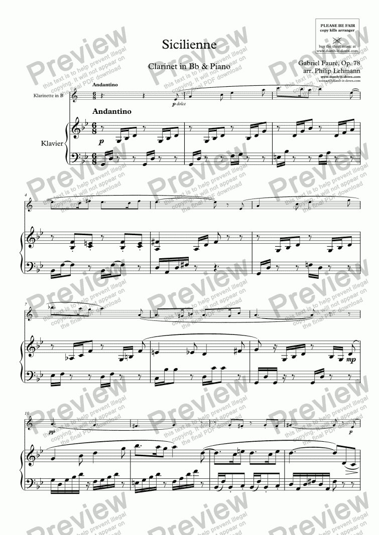 page one of Fauré, G. - Sicilienne, Op. 78 - for Clarinet in Bb (orig.) & Piano (simplified)