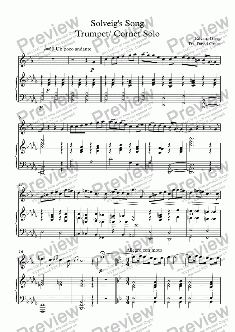 page one of Solveig’s Song Trumpet/ Cornet Solo