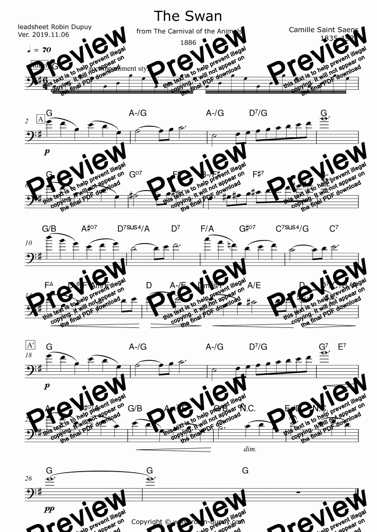 page one of Saint Saens - Le cygne - The Swan in F Key - PDF - lead sheet Melody + chords