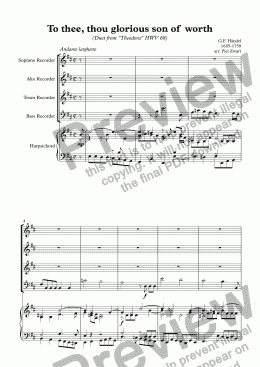 page one of To thee, thou glorious son of  worth - recorder version (Händel)