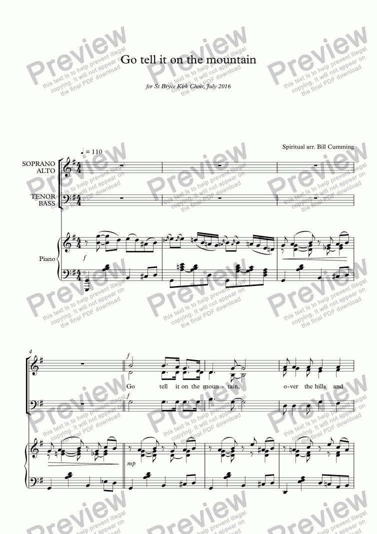 page one of "Go tell it on the mountain" for SATB choir & piano