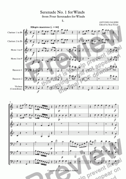 page one of Salieri: Serenade No. 1 for Winds (2 Clar. 2 Hrn. 2 Bsn. C.Bass)