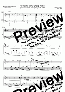 page one of Chopin - Nocturne nº 20 in C Sharp minor Op. posth., Lento con gran espressione, P 1, No. 16, KKIVa/16 - 夜想曲第20番 (ショパン)  - 升C小調夜曲Op. posth. (蕭邦) - PDF - Duo duet 二重唱 violin cello