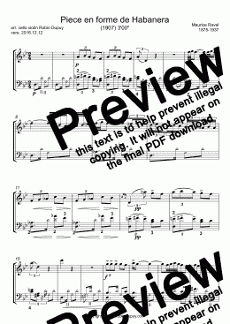 page one of Ravel - Piece en forme de Habanera - PDF - Duo duet 二重唱 violin cello