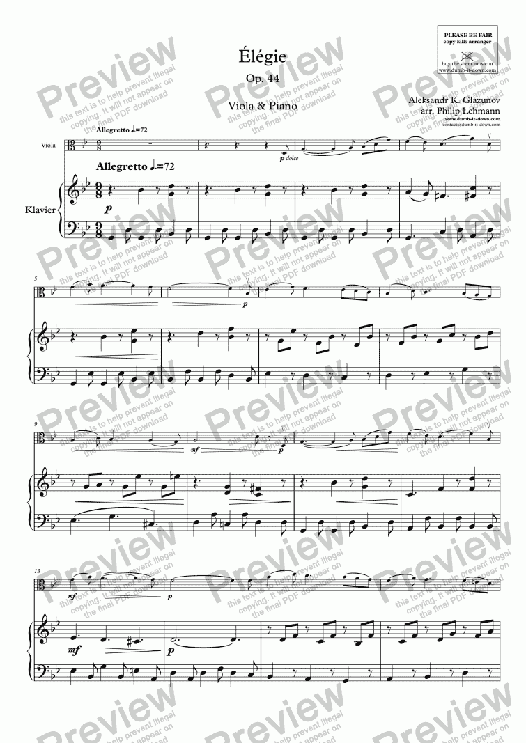 page one of Glazunov, Aleksandr K. - Élégie, Op. 44 - for Viola (orig.) & Piano (simplified)