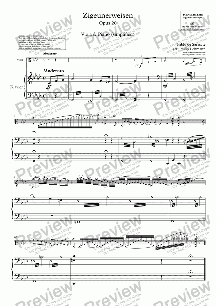 page one of Sarasate, P. - Zigeunerweisen (Gypsy Airs), Op. 20 - for Viola (orig.) & Piano (simplified)