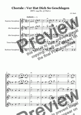 page one of Chorale 37: Ver Hat Dich So Geschlagen - for Saxophone Quartet