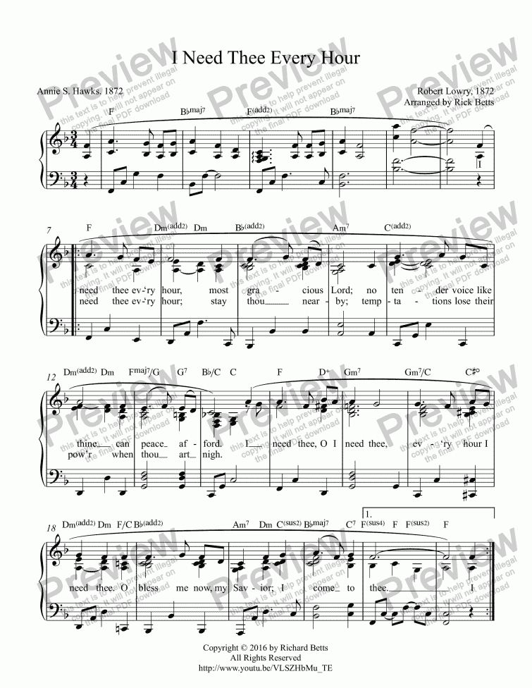 page one of I Need Thee Every Hour - Hymn Piano Solo