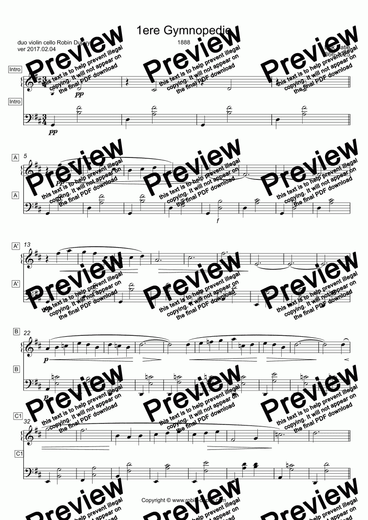 page one of Satie - 1ere Gymnopedie - 짐노페디 (사티) - ジムノペディ サティ - PDF - Duo duet 二重唱 violin cello