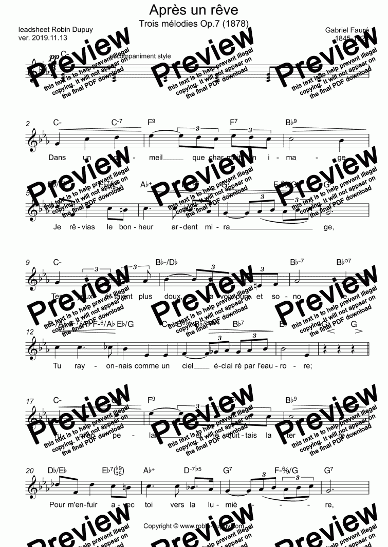 page one of Fauré - Après un rêve - Trois mélodies, 「夢のあとに」 フォーレ Op. 7 - PDF - lead sheet Melody + chords