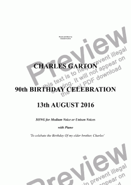 page one of ANTHEM - Charles Garton - 90th Birthday Anthem for 13 August 2016 - Song for Medium Voice or Unison Voices with Piano for Composer's elder brother