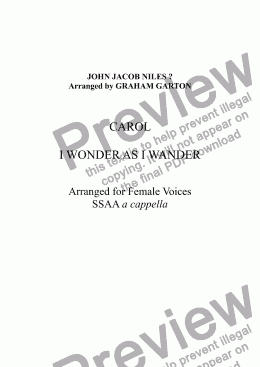 page one of CAROL - 'I WONDER AS I WANDER' Arranged for Female Voices SSAA a cappella
