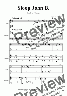 page one of Sloop John B. - Caribian Folk Song - Piano Duet 