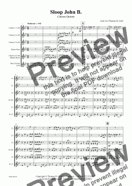 page one of Sloop John B. - Caribian Folk Song - Clarinet Quintet 