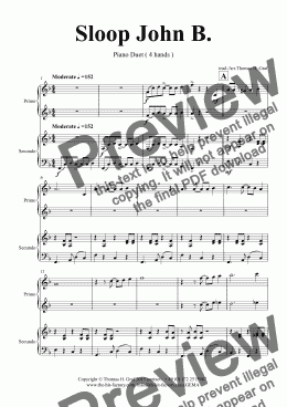page one of Sloop John B. - Caribian Folk Song - Piano Duet (4 Hands)