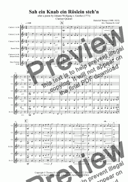 page one of Sah ein Knab ein Roeslein stehn - German Folk Song - Clarinet Quintet 