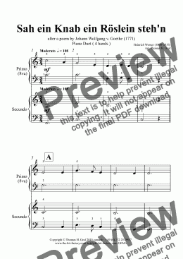 page one of Sah ein Knab ein Roeslein stehn - German Folk Song - Piano Duet (4 Hands) 