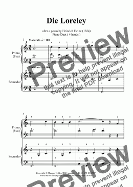 page one of Die Loreley - Ich weiß nicht was soll es bedeuten - German Folk Song  - Piano Duet (4 Hands) 