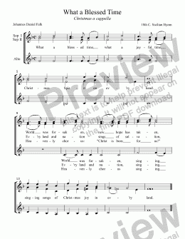 page one of What a Blessed Time (SICILIAN MARINERS), Christmas a cappella anthem for SSA women’s chorus or trio voices (tune also known as "O Sanctissima" or "O du fröliche"), arr. by Pamela Webb Tubbs
