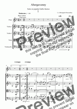 page one of Bourgault-Ducoudray -  Abergavenny for Flute & String Quartet (original in new edition).
