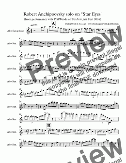 page one of Robert Anchipoovsky alt sax solo on "Star Eyes"