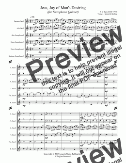 page one of Bach - Jesu, Joy of Man's Desiring (for Saxophone Quintet SATTB or AATTB)