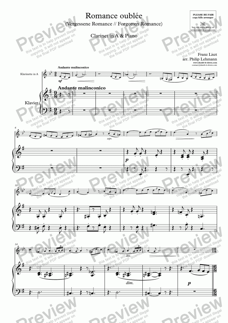 page one of Liszt, F. - Romance oubliee (Forgotten Romance) - for Clarinet A (orig.) & Piano (simplified)