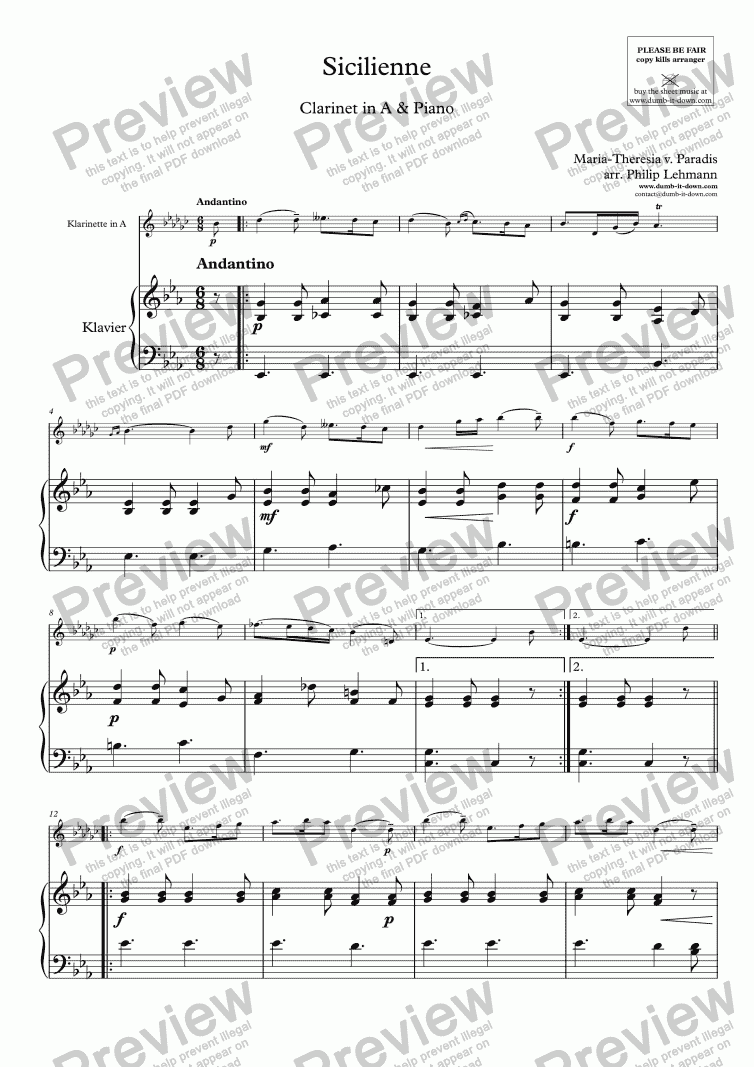 page one of Paradis, M.T.v. - Sicilienne - for Clarinet in A (orig.) & Piano (simplified)