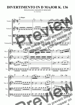 page one of Divertimeno In D Major K. 136 (Complete)