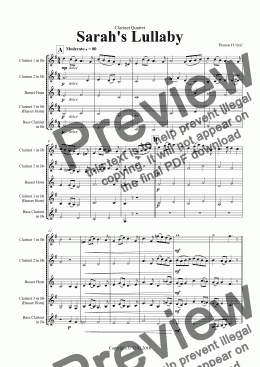 page one of Sarah's Lullaby - Grade 2 - Clarinet Quartet