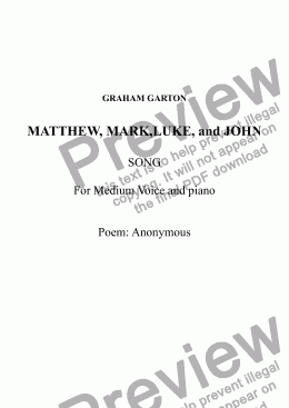 page one of SONG - 'MATTHEW, MARK,LUKE, and JOHN' Setting for medium Voice and Piano. Poem: Anonymous