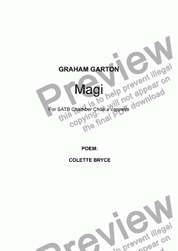 page one of CHRISTMAS SONG - ’Magi’ for SATB Chamber Choir a cappella. Original Score. (See 6-stave open Score) Poem. Well-known Contemporary British Poet COLETTE BRYCE (b.1970).    Spirit-ual. 