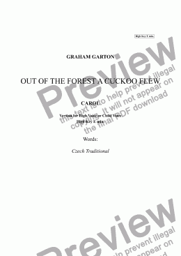 page one of CAROL - ’OUT OF THE FOREST A CUCKOO FLEW’ Easy New Carol for Christmas 2016 for SOLO High Voice or Child Voice with Piano. Key E minor. Words: Czech Traditional