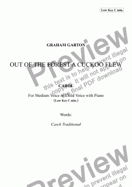 page one of CAROL - ’OUT OF THE FOREST A CUCKOO FLEW - Easy New Carol for Christmas 2016 for SOLO Medium or Child Voice with Piano. Key C minor. Words: Czech Traditional
