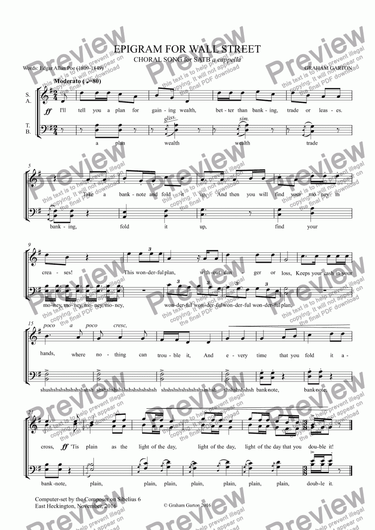 page one of CHORAL SONG (SECULAR) - ’EPIGRAM FOR WALL STREET’ for SATB Choir a cappella. Poem: Edgar Allan Poe (1809-1849) New Setting but not easy. (1-page)