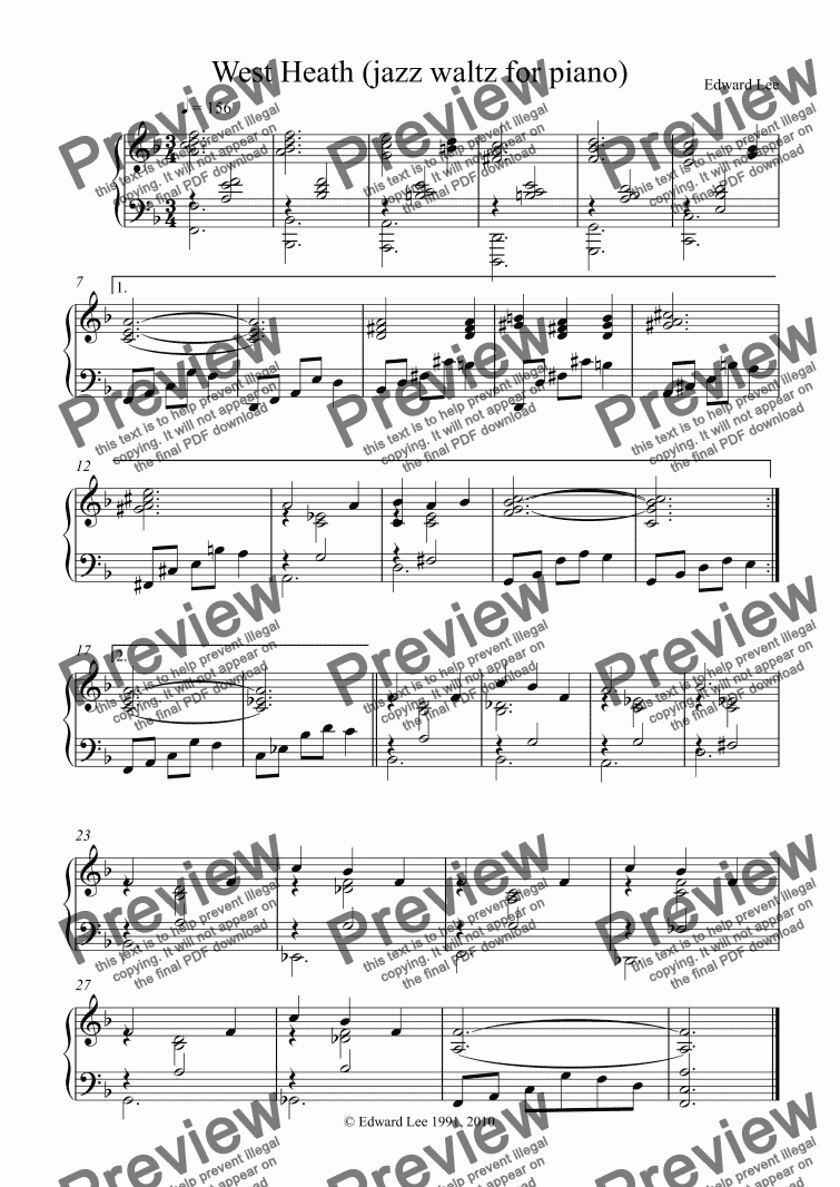 page one of West Heath (jazz waltz for piano)