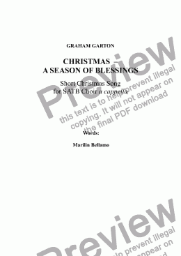 page one of CHRISTMAS SONG (1-page) - ’CHRISTMAS - A SEASON OF BLESSINGS’  for SATB Choir a cappella. (Quite difficult harmonies) Words: Marilin Bellamo        
