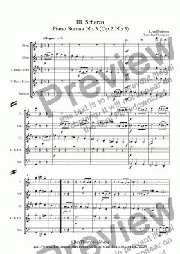 page one of Beethoven: Piano Sonata No.3 (Op.2 No.3)  Mvt.III. Scherzo - wind quintet