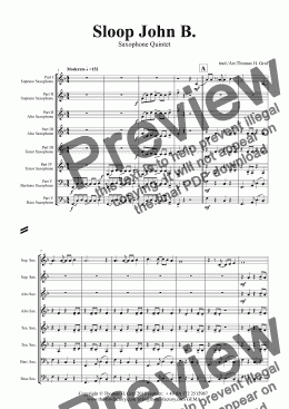 page one of Sloop John B. - Caribian Folk Song - Saxophone Quintet