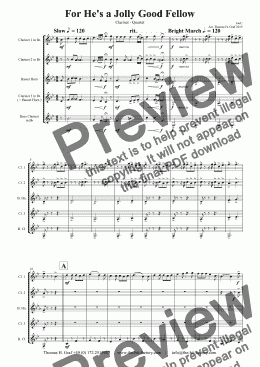 page one of For he is a Jolly Good Fellow - Folk Song and Toast - Clarinet Quartet
